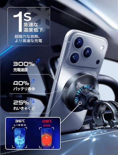 LISEN 2026新版【Qi2.2認証 25W充電】magsafe 車載ホルダー 冷却ファン内蔵 ワイヤレス充電器 [2つの固定部品 & シガーソケットプレゼント]スマホホルダー 車 ワイヤレス充電 LEDライト qi2 充電器 25w iPhone17-12シリーズ対応（ iOS 26バージョン以降25 w対応）の特徴・詳細 画像