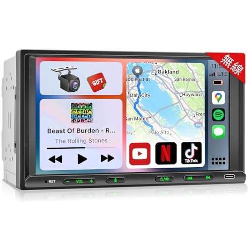 2DIN&7インチディスプレイオーディオ 無線CarPlay+AndroidAuto対応:スマホ連携でナビゲーションする バックカメラ連動、映像出入力、ステアリングコントロール ラジオ/WIFI/FM/AM/Bluetooth5.0内蔵のインダッシュカーナビ｜家族旅行/出勤渋滞 1