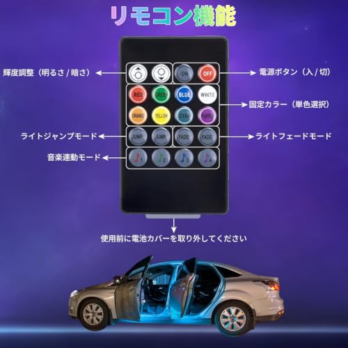 車用LEDテープライト アンビエントライト RGB8色切替 多種フラッシモード USB&シガーソケット2種給電 リモコン付きアプリ操作 車足元ライトの詳細・まとめ 画像