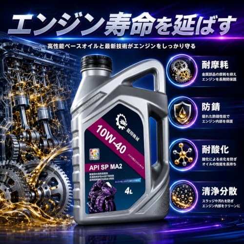バイク用エンジンオイル 10W‑40 4L SP MA2 2/4 ストロークエンジン対応 全合成エンジンオイル耐摩耗 高温安定 ロングライフ スポーツバイク オフロード スクーター ビッグバイク [並行輸入品]の特徴・詳細 画像