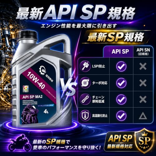 バイク用エンジンオイル 10W‑40 4L SP MA2 2/4 ストロークエンジン対応 全合成エンジンオイル耐摩耗 高温安定 ロングライフ スポーツバイク オフロード スクーター ビッグバイク [並行輸入品]の詳細・まとめ 画像