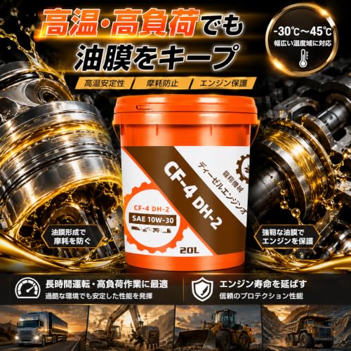 ディーゼルエンジンオイル CF‑4 DH‑2 SAE 10W‑30 20Lポリ容器 過酷現場向け ディーゼル車・建設機械・農業機械対応 防錆・防食 高負荷対応 耐摩耗性に優れ油膜維持 長寿命エンジンオイル [並行輸入品]の特徴・詳細 画像